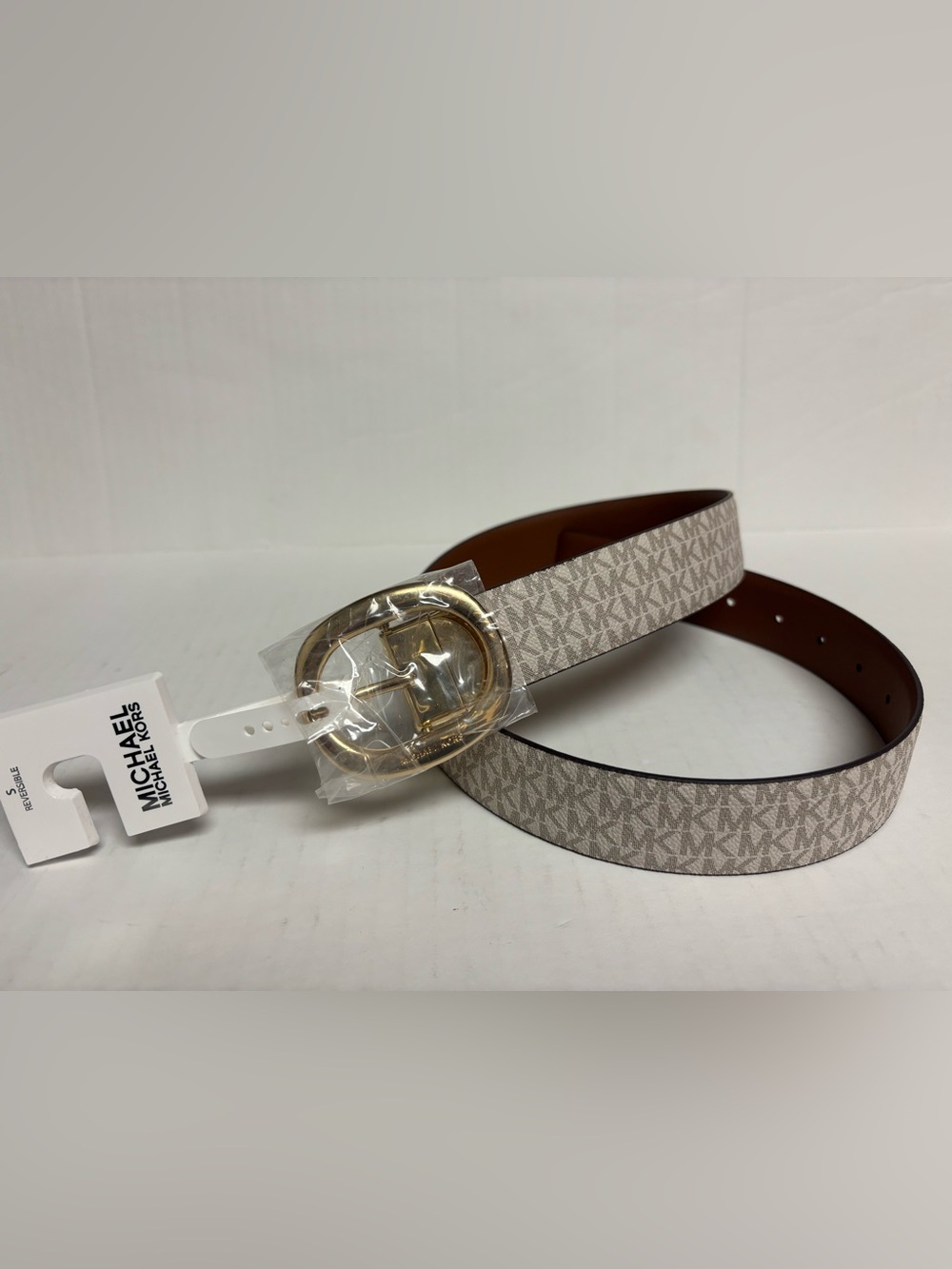 Michael Kors Reversible White and Tan Signature MK Logo Belt with Gold Buckle